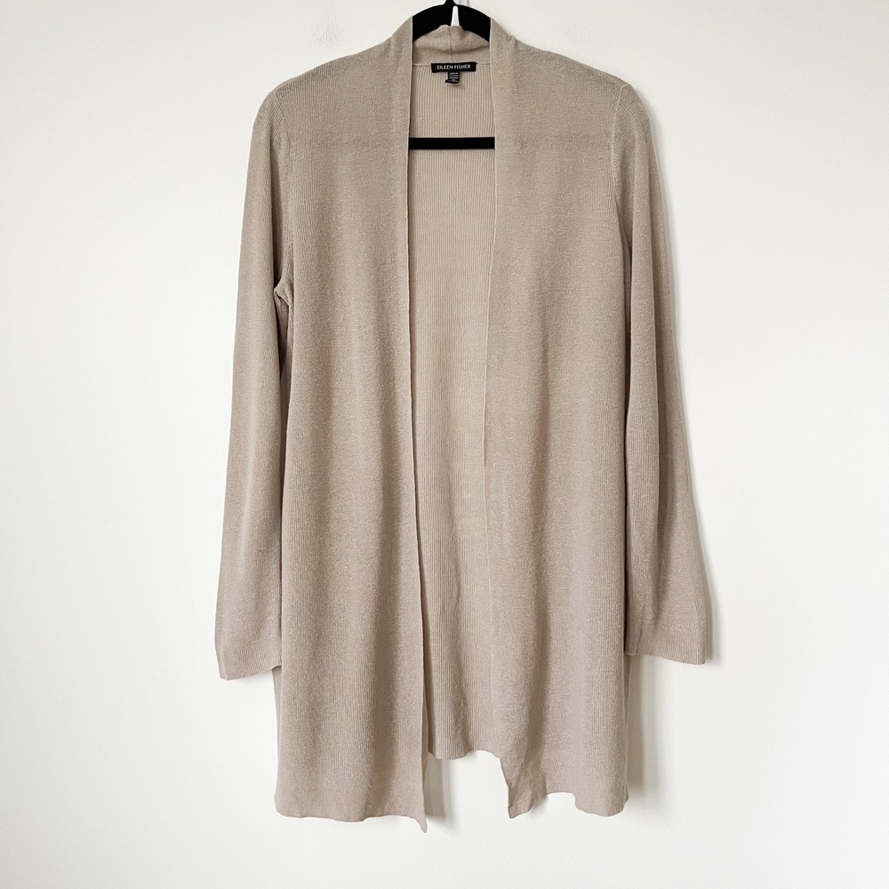 Eileen Fisher Open Front Long Cardigan Beige Womens XS Neutral Quiet Luxury